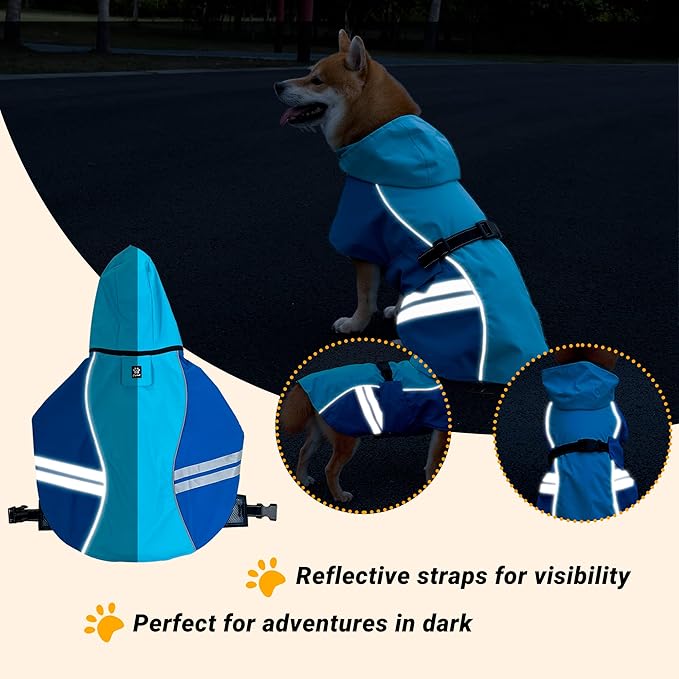 Dog Raincoat for Medium Large Extra Large Dogs, Waterproof Rain Jacket with Reflective Strap, Lightweight Hoodies Full-Body Coverage Dry Clothes (M, Blue)