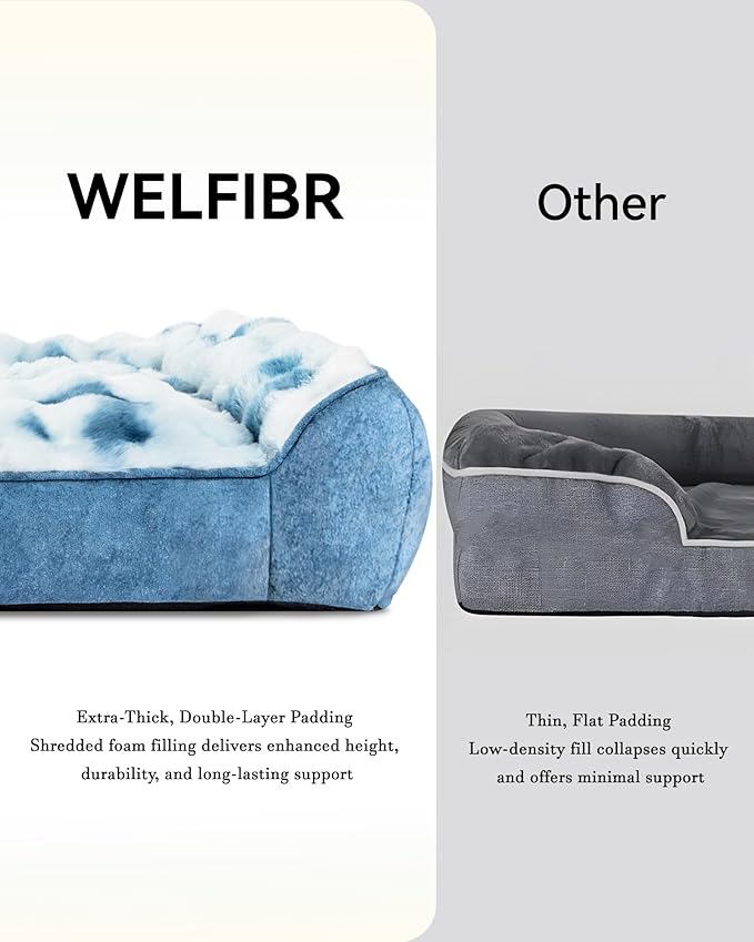 Welfibr Dog Bed 100% Washable Faux Fur Dog Beds Small Size Dog Orthopedic Dog Bed with Sides Elevated Dog Bed Comfort Pet Beds with Removable Cover Noiseless Supportive Dog Couch Anti-Slip Blue 35"
