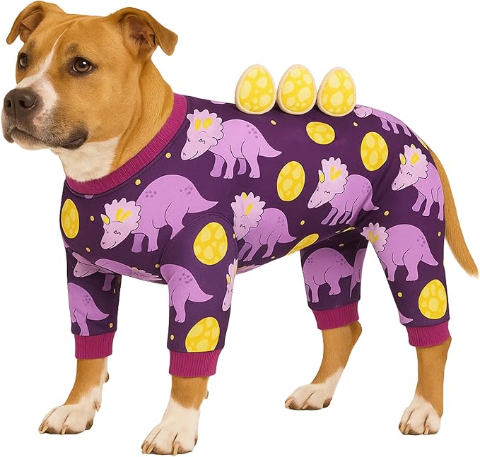LovinPet Large Dog Pajamas, Four-Leg Stretch Onesie Bodysuit, Lightweight UV-Shielding Pajamas, Anti-Lick Calming Recovery Suit for Surgery, 3D Dino Egg Spikes, Easy on/Off， Purple， XXL