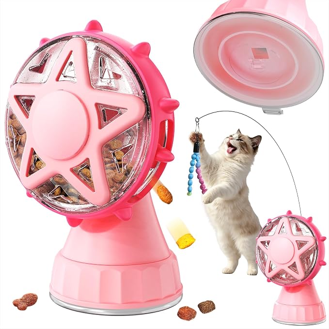 HCY&WLD 2-in-1 Cat Toys Food Dispenser & Teaser Interactive Toys (Pink) | Multi-Play Puzzle Toy For Indoor Cats, Kitten Slow Feeder, Adjustable Treat Dispensing, Mental Stimulation, Boredom Buster