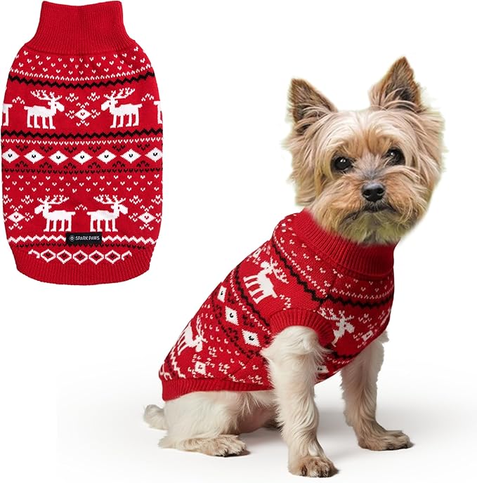 Spark Paws Christmas Dog Sweater – Ultra Soft Holiday Knit Sweater for Small, Medium & Large Dogs, Cute Pet Sweater for French Bulldogs & Big Dogs, Easy Potty V Cut Design Jacket - (Dasher Red,M)