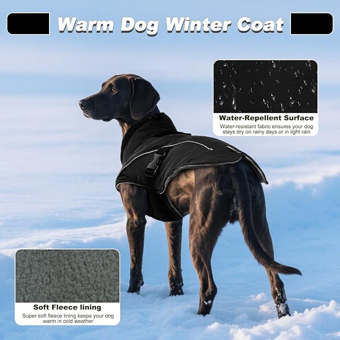 DENTRUN Winter Warm Dog Coat Reflective Jacket with Turtleneck for Cold Weather, Adjustable Buckle Windproof Water Repellent, Thick Snowsuit Fleece Vest for Small, Medium, Large Dogs, Black, XXL