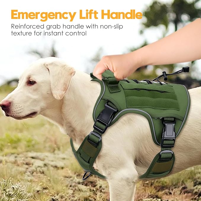 Heavy-Duty Tactical Dog Harness for Large Dogs, No Pull Adjustable Reflective Pet Vest with Molle System, K9 Military-Grade Control for Service Training, Outdoor & 10+ Breeds, Green, Large