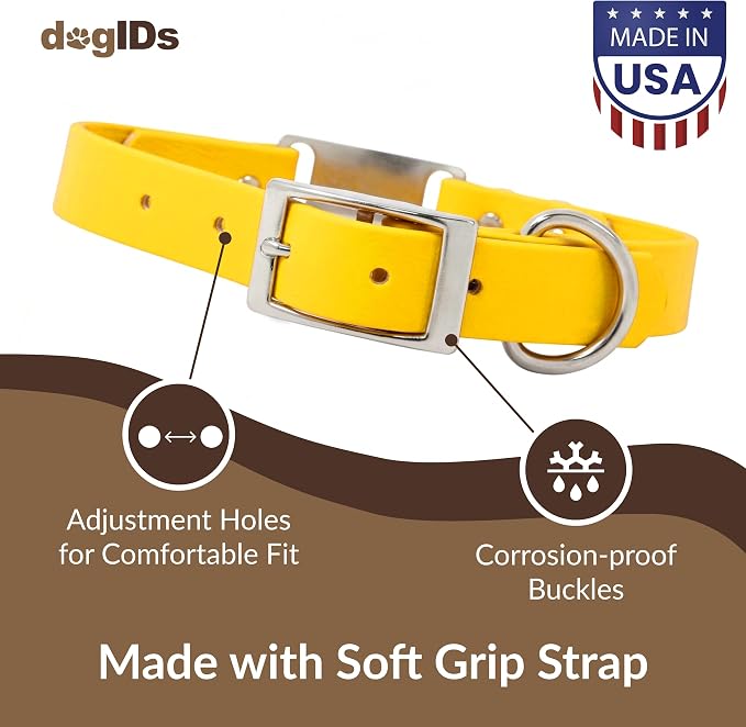 dogIDs Personalized Dog Collar – ScruffTag Custom Waterproof Biothane Dog Collar with Laser-Engraved Name, Durable & Odor-Resistant – USA Made | Yellow, 3/4 in x 14 in (Fits Neck Sizes 12-16 in)