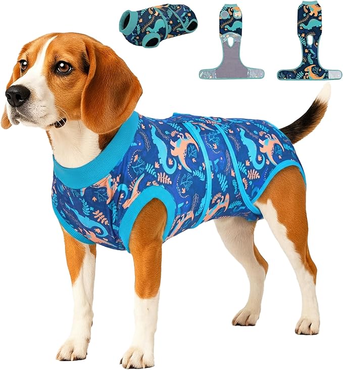PetWarm Dog Surgery Suit, Recovery Suit for Dogs, Cone Alternative After Surgery Shirt for Dogs, Female Male Dog Onesie for Spay Neuter, Pet Recovery Shirt, Dinosaur Pattern, Green, L