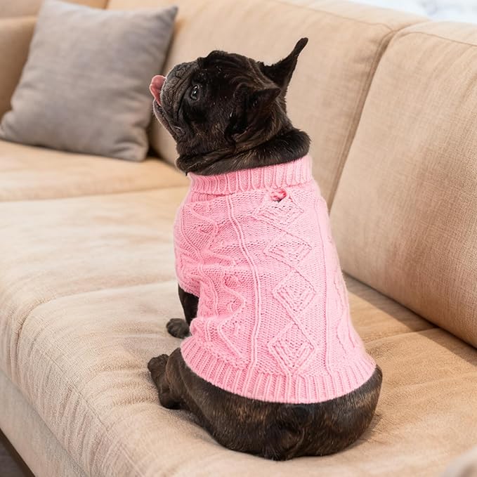 PUPTECK Dog Sweater, Turtleneck Warm Knitted Pullover Coat, Thick Cable Knitwear Clothes in Winter, Pet Apparel Outfits for Large Dogs, for Cold Weather Indoor & Outdoor, Pink XL