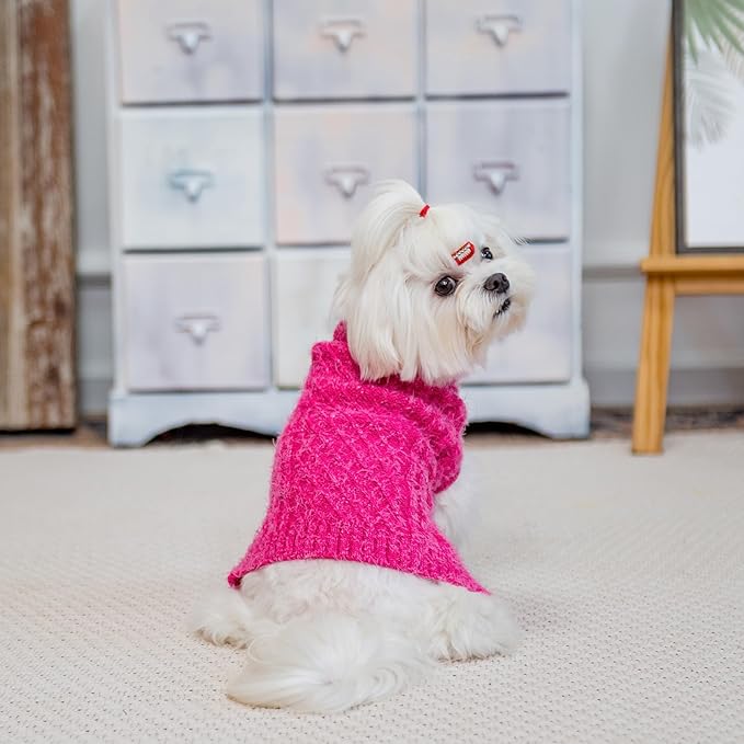 Turtleneck Small Dog Sweaters - Classic Cable Knitwear Winter Coat for Small Medium Dogs Male Female Puppy Dog Cold Weather Clothes Girls Boys, Hot Pink, S/M