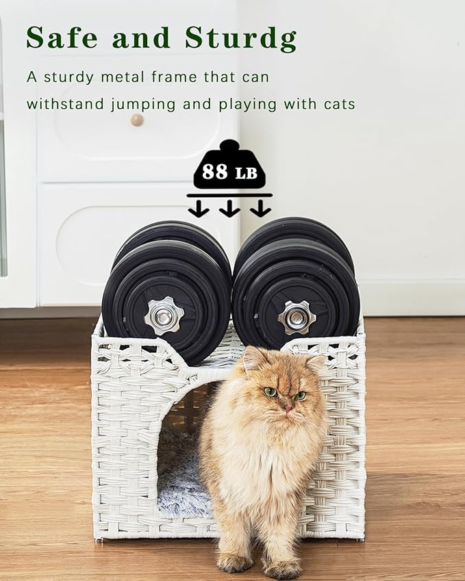 SETVSON Cat Beds Indoor Kitten House, Handwoven Rattan Cat Cave Pet Cube, Large Cat Houses, One Bed Mat, Foldable, Hideaway, 16.5x16.5x13.2 Inches, 2 S-Shaped Hooks in Living Room Bedroom Gray