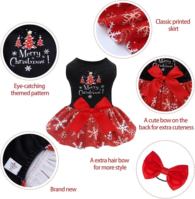 CuteBone Christmas Dog Dresses Velvet Holiday Small Dogs Clothes Onesie Pet Apparel Girl Puppy Skirt with Bow Hair Rope CVA54XS-D