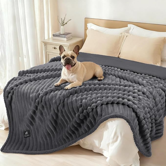 Luciphia Waterproof Dog Blanket for Large Dogs Ultra-Soft Calming Cut Pile Flannel Throw Durable & Warm Furniture Protection for Couch Bed Pet Blanket Machine Washable Stone Gray,L(65''x57'')