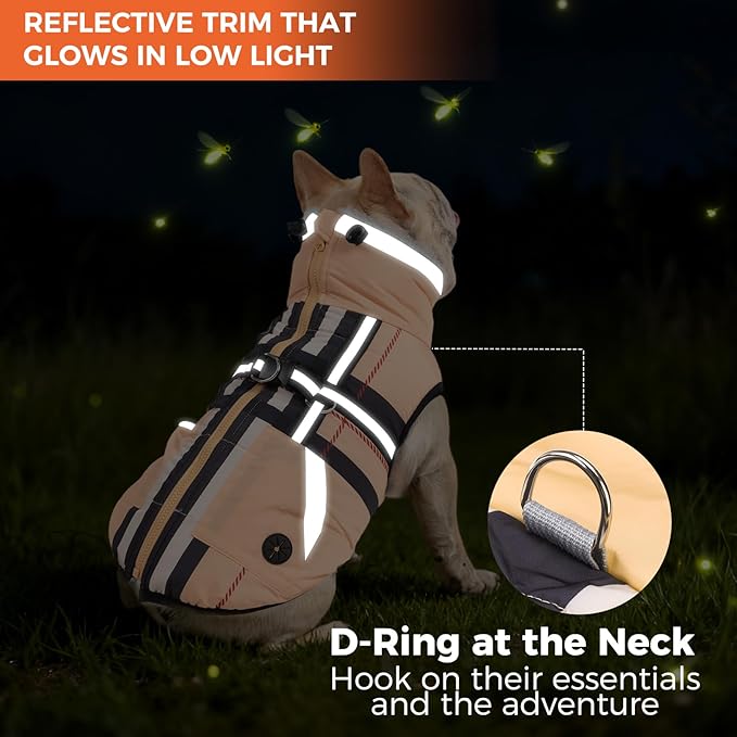 Mihachi Small Dog Coat with Harness Built in, Warm Dog Winter Coat with Pockets for Dogs, Waterproof Reflective Fleece Vest with Zipper, Pet Windproof Warm Cold Weather Jacket Snowsuit Outfit, Beige S