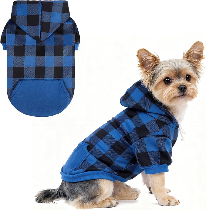 KOOLTAIL Plaid Dog Hoodie Pet Clothes Sweater with Hat and Pocket for Small Medium Large Size Dogs, Soft Winter Warm Dog Cold Weather Coat, Fleece Fall Dog Hooded Sweatshirt for Puppy Cats, Blue S