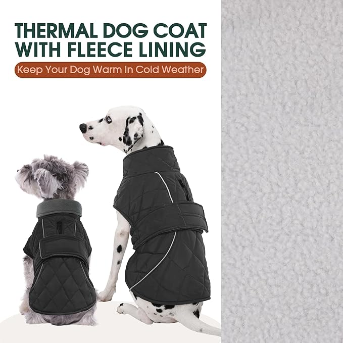 Kuoser Dog Coat Thermal Fleece Lined Dog Jacket, Adjustable Hook & Loop Dogs Coats for Medium Dogs Windproof Reflective Puppy Snow Jackets Pet Cold Weather Clothes with Harness Hole, Grey, M