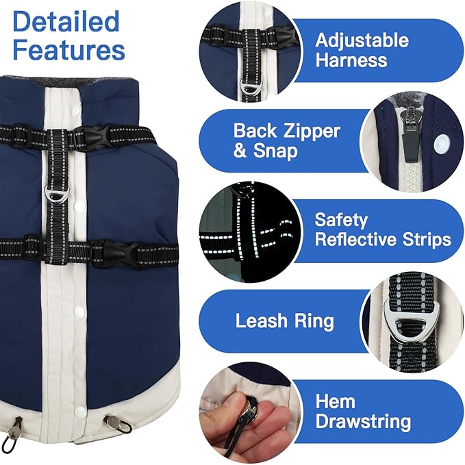 Dog Winter Coat with Adjustable Reflective Harness Built in -M | Turtleneck Water-Repellent Coats with Sleeves for Small Dogs Boy,Cold Weather Clothes,Warm Jacket for Schnauzer (Navy-Blue)
