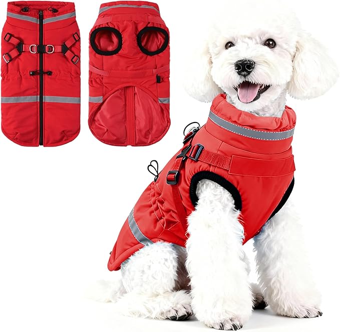 Norbi Dog Coat for Small Dogs, Winter Jacket with Built-in Harness, Water-Resistant Windproof Reflective Warm Adjustable Dog Clothes for Small Medium Dogs, Easy On Back Zipper