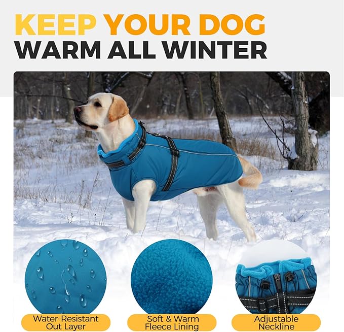 Lelepet Dog Coat with Harness Built in, Waterproof Dog Jacket for Large Dogs Reflective Windproof Winter Jacket with Zip Warm Cold Weather Coats for Dogs,Cozy Pet Snowsuit, Great Dane, Blue, XXXL