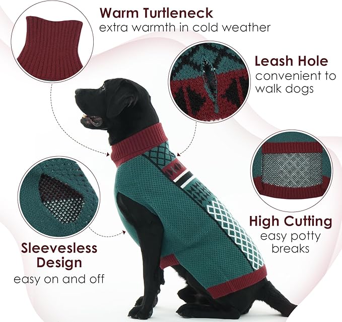 Medium Dog Sweater, Fall Turtleneck Sweater with Leash Hole, Thick Knit Pullover for Cold Weather Christmas Sweaters for Medium Dogs Girl Boy Dachshund, Green M
