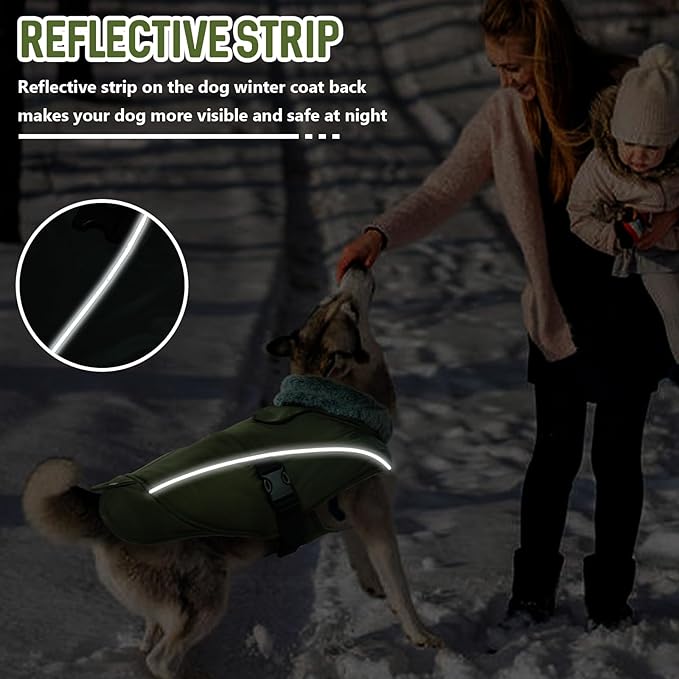 DENTRUN Winter Warm Dog Coat Reflective Jacket with Turtleneck for Cold Weather, Adjustable Buckle Windproof Water Repellent, Thick Snowsuit Fleece Vest for Small, Medium, Large Dogs, Green, M
