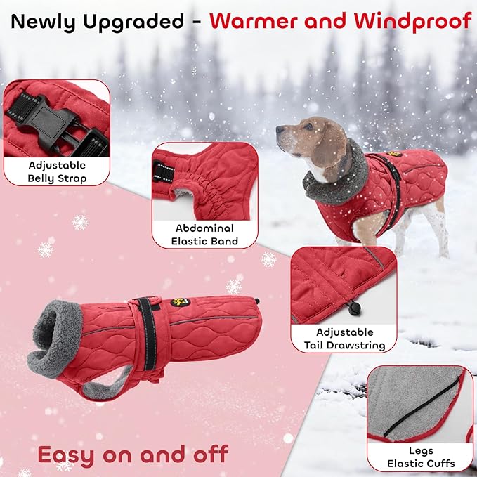 Dog Winter Coat, Adjustable Quilted Dog Snow Jacket with Fleece Lining, Water Resistant Pet Apparel for Cold Weather, Warm Large Doggie Coat with Leash Hole and Reflective Strip, NewRed L