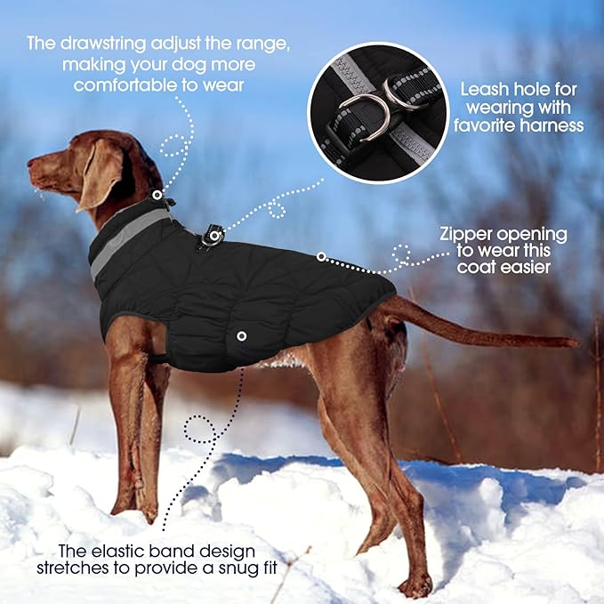 FUAMEY Dog Coat for Medium Dogs,Waterproof Dog Winter Jacket with Harness Built in Puppy Cold Weather Coats Reflective Pet Vest with Zipper Warm Fleece Dogs Snowsuit Windproof Solid Black M
