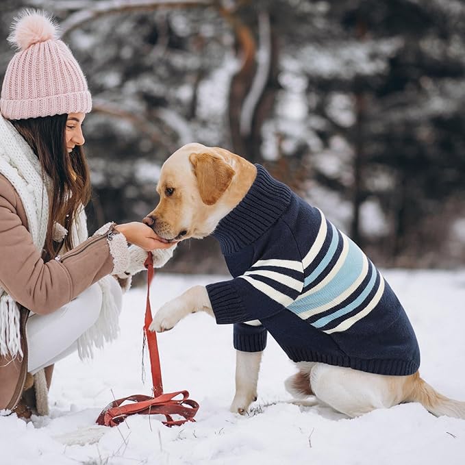 Queenmore Dog Striped Knitted Sweater, Turtleneck Pullover Pet Coat, Dog Winter Clothes with Leash Hole for Small Medium &Large Dogs(Navy Blue,M)