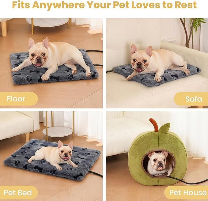PetTemp Pet Heating Pad for Cats Dogs Indoor & Sheltered Outdoor Waterproof Heated Cat Bed Heated Dog Bed Chew Resistant Cord Constant Temperature Gray Paw Print 20 x 16 Inch