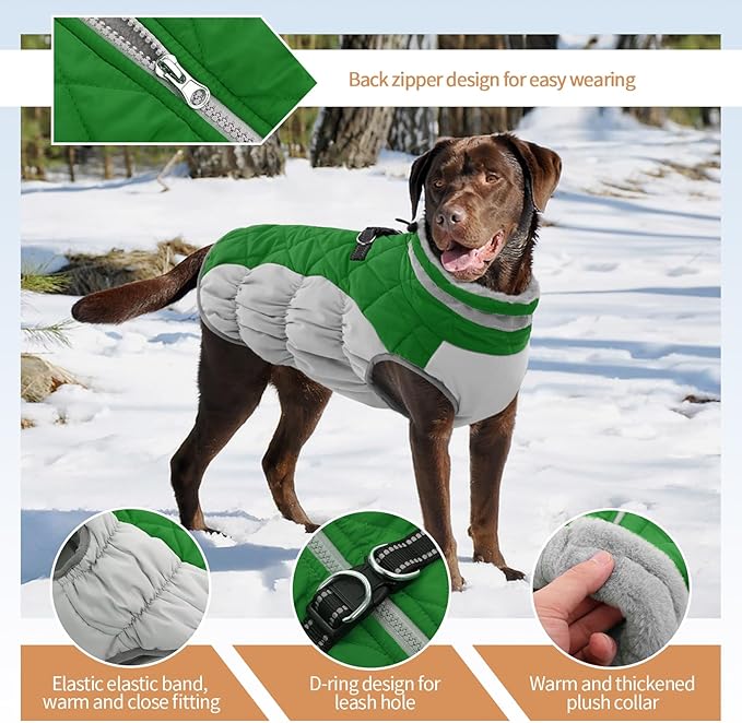 Dog Jackets for Large Dogs, Large Dog Winter Coat, Pet Cold Weather Coats, XXXL Pet Jacket with D-Ring, Waterproof Coat with Back Zipper, Snowsuit Labrador German Shepherd Doberman,Green,XXXL