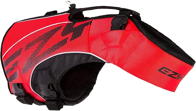 EzyDog DFD X2 Dog Life Jacket - Adjustable Swimming Safety Life Vest Preserver with Continuous Neck Flotation, Reflective Trim, & Grab Handle (3XS, Red)