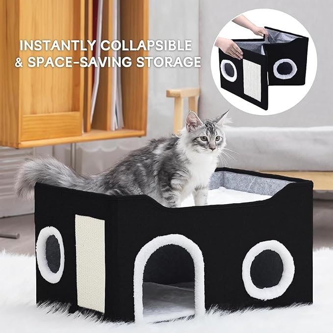 Gosipeya Cat House for Indoor Cats – Foldable Cat Cave & Covered Cat Bed, Cozy Hideaway for Small Pets and Large Cats (23.6"x16"x12.8"),Black