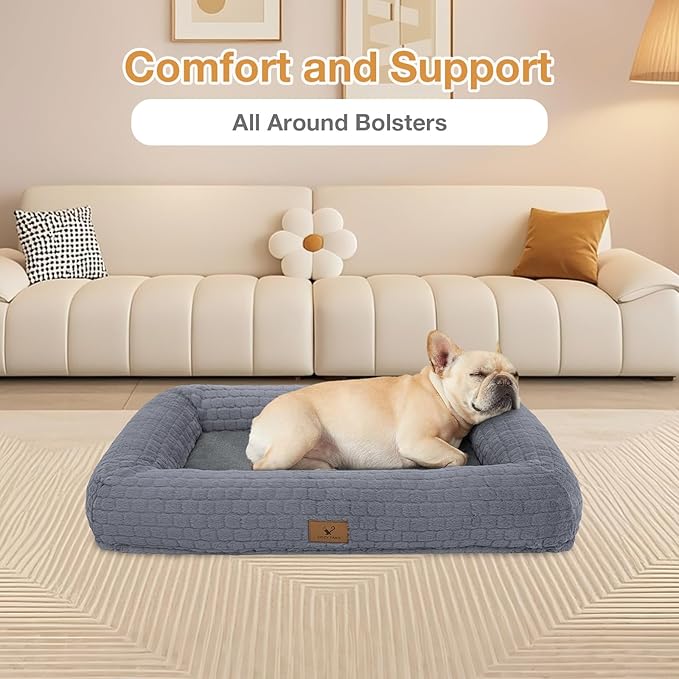 Plush Orthopedic Dog Bed for Medium Large Dogs, Memory Foam Bolster Sofa Bed with Removable Washable Cover, Waterproof Lining & Non-Slip Bottom (Grey-M)