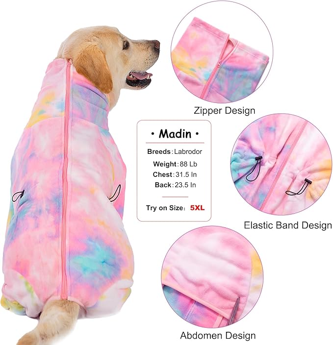 Dog Winter Coat for Large Medium Small Dogs, Warm Fleece High Collar Full Body Dog Jumpsuit Comfortable Onesie Apparel (Pink Blue, 2X-Large)