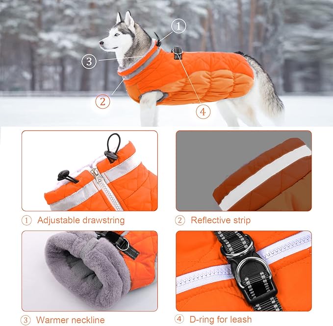 Lelepet Dog Coat Warm Dog Winter Coat Waterproof Dogs Jacket with Harness Built in Reflective Pet Fleece Vest Zip-Up Cold Weather Coats for Small Medium Large Dogs Turtleneck Windproof Blaze Orange