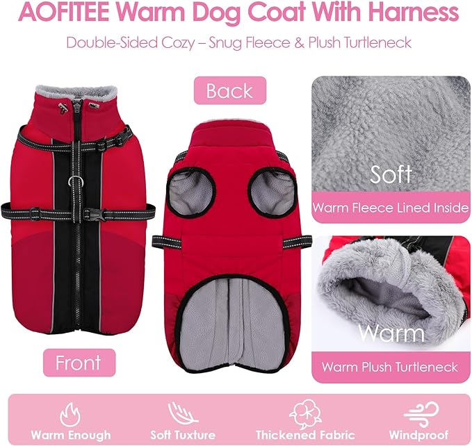 AOFITEE Small Dog Coat, Waterproof Dog Winter Jacket with Harness Built in, Warm Fleece Lined Dogs Jacket for Cold Weather, Reflective Pet Snow Jackets with Zipper for Yorkshire, Schnauzer,Red S