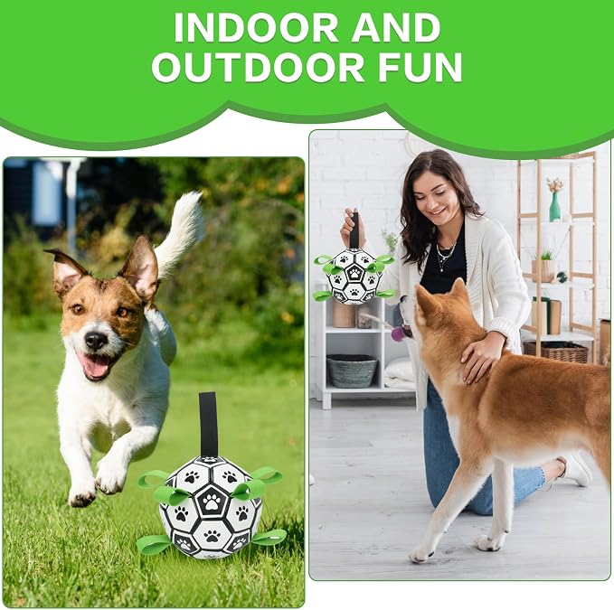 Dog Soccer Ball with Straps, 6 Inch Herding Dog Ball Toys Dog Birthday Toy, Balls for 20-40lbs Dogs, Outdoor Puppy Toys to Keep Them Busy, Interactive Toy for Tug, Pool Water Toy Ball