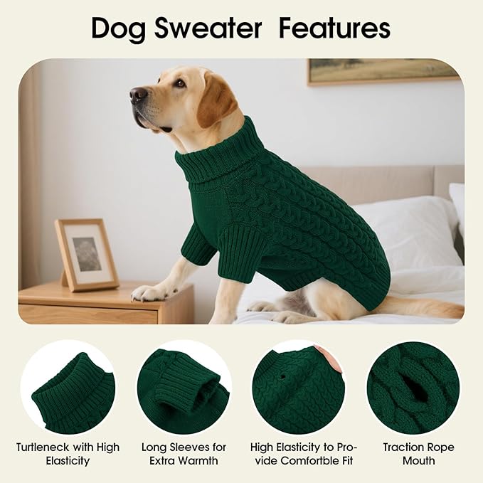 SAWMONG Dog Sweater, Dog Sweaters for Large Dogs Girls Boys, Pullover Turtleneck Knitted Doggy Sweatshirt, Cold Weather Pet Clothes（Green, Large