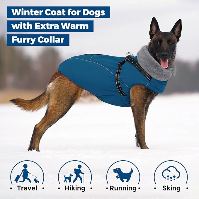 Queenmore Dog Jackets for Large Dogs, Dog Coat with Harness Built in,Waterproof Dogs Coats with Zipper On Back,Warm Fleece Lining Cold Weather Pet Coats with Furry Collar for Labrador,Blue,XL