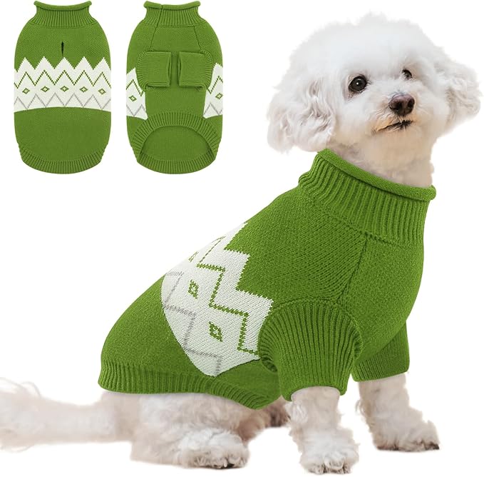 Queenmore Warm Dog Sweater, Soft Pet Knitwear, Knitted Pullover, Winter Pet Clothes for Small Medium Dogs Cats Green