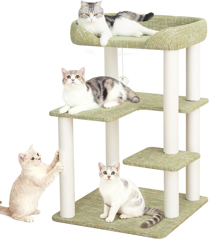 LULUCAT Cat Tree Tower 37.4'' (95 cm) with Scratching Posts,Multi-Level Cat Tree Tower with Wide Shelves for Senior Friendly Baby/Large Cats, Scratching Posts(Olive Green)