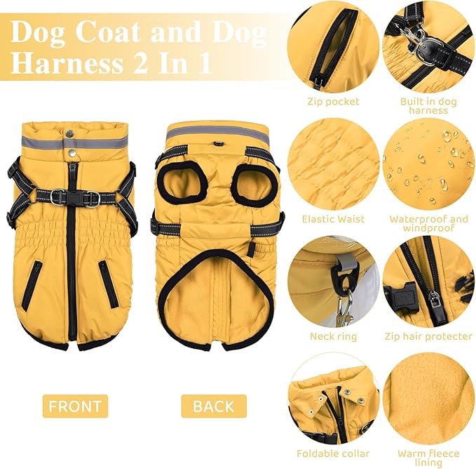Gyuzh Dog Coat with Harness,Dog Coats for Small Dogs,Warm Fleece Winter Puppy Jacket,Waterproof Jacket with Harness Built in for Small Medium Large Dogs
