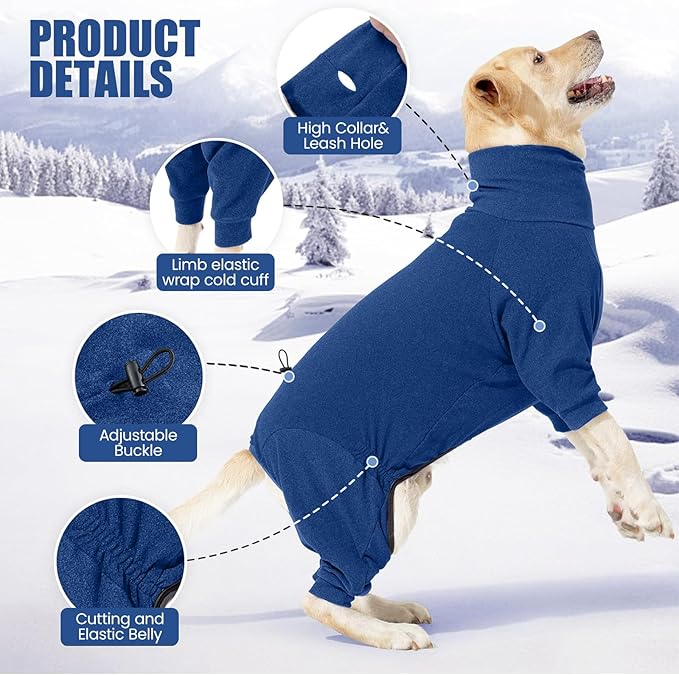 Dog Winter Coat Soft Fleece Pullover Pajamas, Fullbody Dog Cold Weather Jacket, Warm Pullover Doggie Winter Thermal 4-Legged Onesie Jumpsuit,High Collar Snowsuit Sweater for Dogs（Blue，L