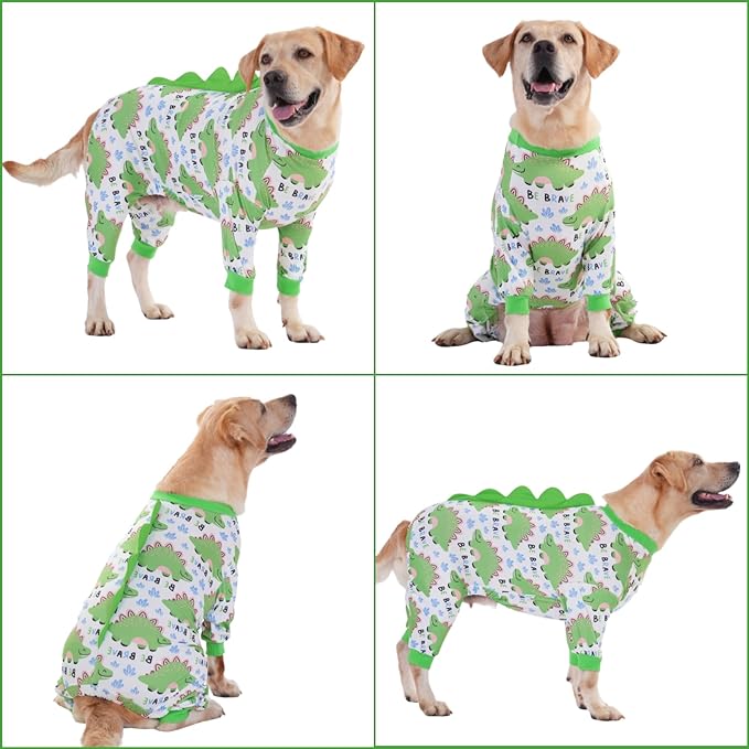 LovinPet Large Dog Pajamas, Four-Leg Stretch Onesie Bodysuit, Lightweight UV-Shielding Pajamas, Anti-Lick Calming Recovery Suit for Surgery, Pull-On for Medium and Large Breeds,White Green,XL