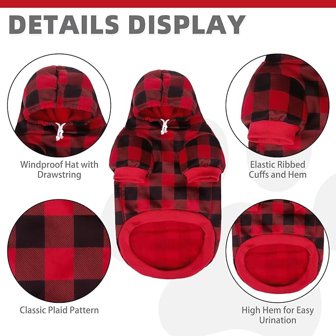 KOOLTAIL Dog Christmas Hoodie for Small Medium Large Dogs - Red Plaid Dog Christmas Outfit Sweater with Hat & Pocket for Cold Winter,Warm Soft Hooded Sweatshirt Clothes for Puppy Cats Girl Boy XL/XXL