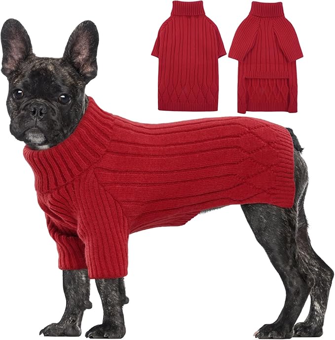 Dog Sweater for Medium Dogs, Warm Winter Fall Turtleneck Knitwear, Christmas Pet Sweatshirt Clothes for Girls Boys, French Bulldog, Beagle (Red M)