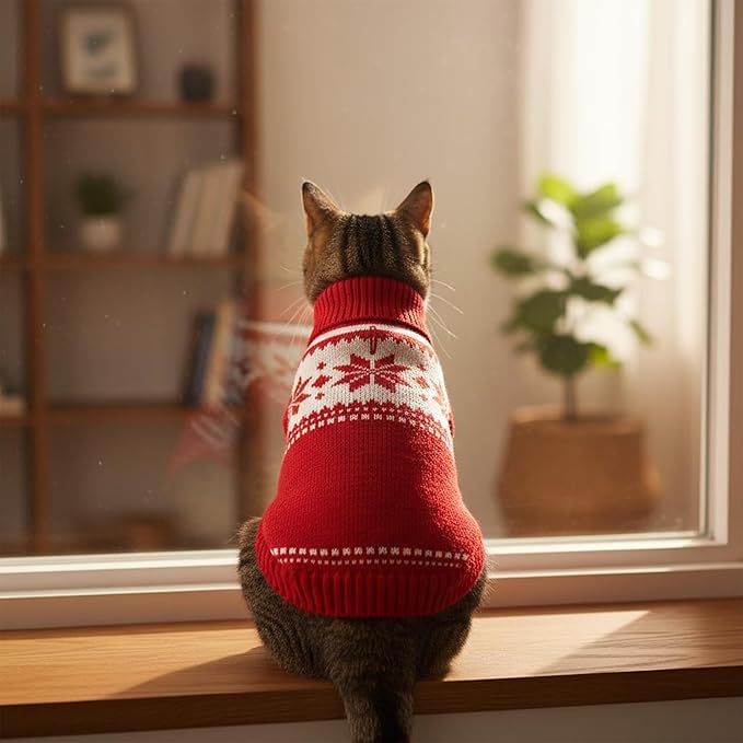 Grewear Colorful Stripes Pattern Pets Knit Sweater, Warm Comfortable Knit Sweater for Pets, Soft Cozy Winter Pet Clothes, Stylish Multi-Colored Sweater for Dogs & Cats Red L