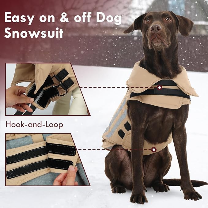 Dog Jacket for Large Dogs Winter Coat with Harness Hole Waterproof Reflective Turtleneck Snowsuit Adjustable Hook & Loop Cold Weather Coats for Dogs Border Collie Pitbull, Khaki 2XL