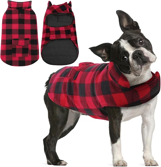 AOFITEE Reversible Dog Coat, Warm Winter Jacket, Thick Padded Vest with Leash Hole, Cotton Material, Plaid Print, Small (23'' Chest)