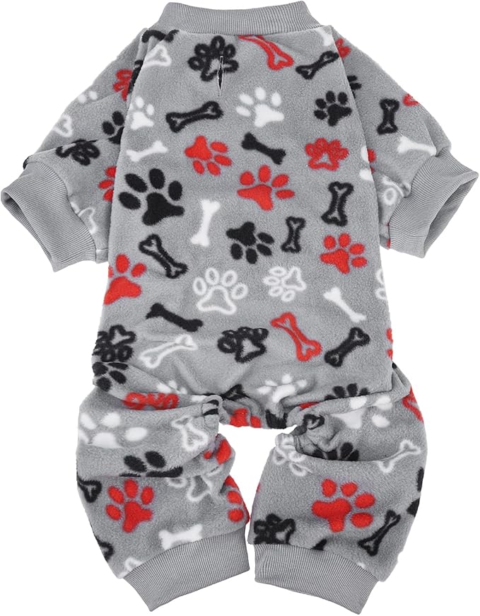 SCENEREAL Fleece Dog Pajamas for Small Medium Large Dogs, Warm Soft Puppy Jumpsuit, Adorable Bones Paw Print Pet Sweaters Clothes, Doggy Pjs Cat Coat for Boy Girl