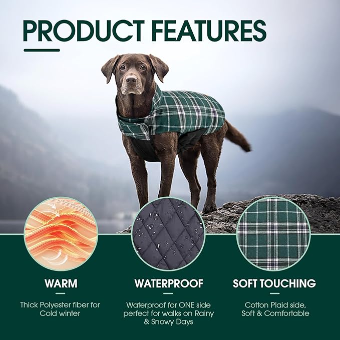 Kuoser Warm Dog Coat, Waterproof Dog Jacket for Extra Large Dogs, Adjustable Durable XXL Doggie Winter Coat Reversible Puppy Cold Weather Apparel from Small to Large Breed, Green XXL