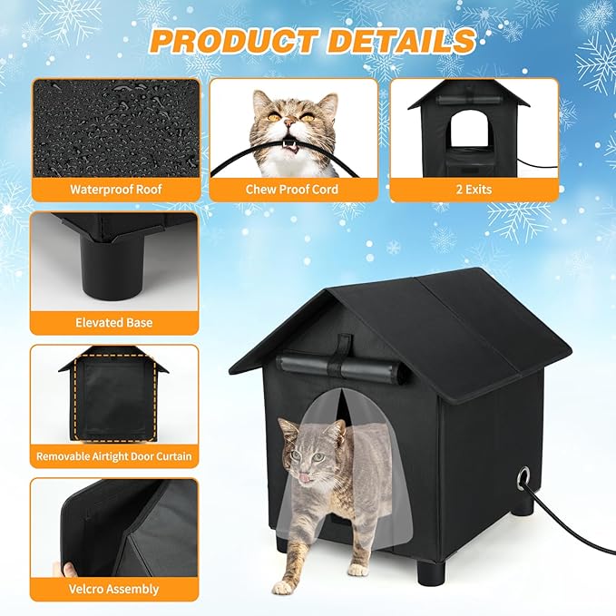 Heated Cat Houses in Winter Waterproof, Elevated Heated Outdoor Cat House Insulated Outside Feral Cat House Shelter with Escape Door for Cats or Small Dogs (Black, Small (13.4"x16.9"x18.5"))