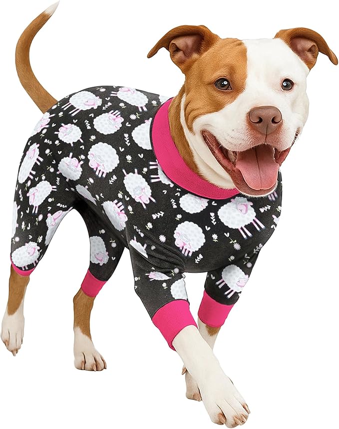 LovinPet Pet Pajamas for Large Dogs, Anxiety Calming Dog Jumpsuit, Lightweight Onesie, Black Sheep Print, Large Dog Pjs, Long Sleeve Pullover for Dogs, L
